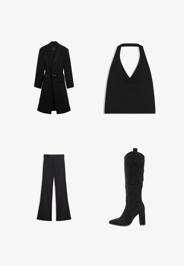 Sort skrædderjakke med bæltestrop i taljen, spids lapels og to forlommer. Glat stof med en struktureret silhuet.; Sort halterneck crop top med dyb V-udskæring og bred nakkestrop mod en hvid baggrund.; Sorte vidde bukser med høj talje, dobbelte knapper ved linningen og lynlås foran, lagt fladt på en hvid baggrund.; Knæhøje sorte støvler i ruskind med spids tå, tyk blokhæl og syninger på siderne. Træksnor øverst for nem påtagning.
