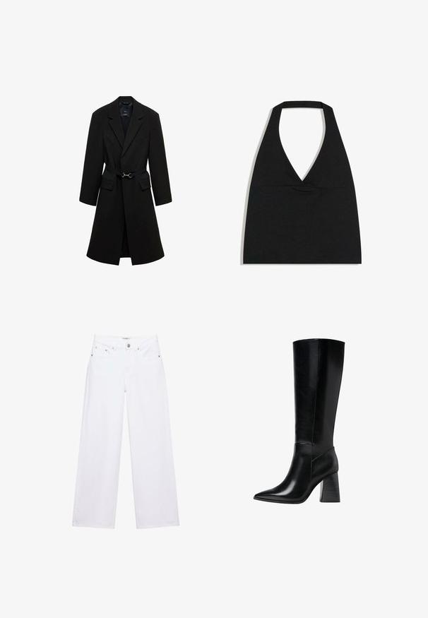 Zwart op maat gemaakte jas met een verstelbare taille, met sijsjes en twee voorzakken. Glad materiaal met een gestructureerde silhouet.; Zwarte haltercrop top met diepe V-halslijn en brede nekband tegen een witte achtergrond.; Witte jeans met hoge taille en wijde pijpen, voorzien van knoop- en ritssluiting, voor- en achterzakken, en zilverkleurige klinknageldetails.; Zwarte leren laarzen tot de knie met een spitse neus, een gladde textuur en een chunky gegroefde hak voor stabiliteit. Strak ontwerp met minimale accenten.