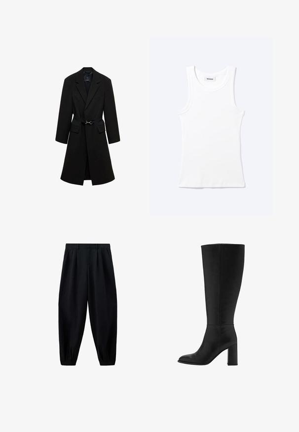 Manteau noir ajusté avec une taille ceinturée, des revers crantés, et deux poches avant. Tissu lisse avec une silhouette structurée.; Débardeur blanc côtelé sans manches avec encolure ronde et une petite étiquette indiquant "WEEKDAY" à l'intérieur du col.; Pantalon noir taille haute effilé avec des plis à la taille et aux poignets, et des poches latérales, présenté sur fond blanc.; Botte noire montant, à talons, en cuir lisse. Présente une pointe ronde et un talon épais, avec un minimum de détails de couture.