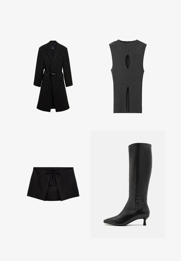 Sort skrædderjakke med bæltestrop i taljen, spids lapels og to forlommer. Glat stof med en struktureret silhuet.; Mango Top - anthracite; Sort mini nederdel i omslagsstil med frontfælde detaljer og en lille bundet sløjfe ved taljen.; Zign by Zalando Høje støvler/ Støvler - black