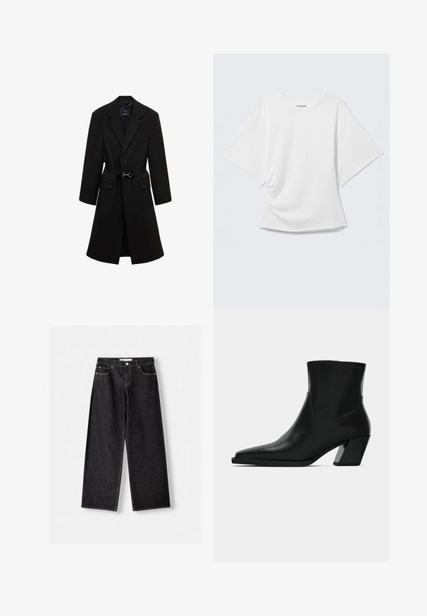 Zwart op maat gemaakte jas met een verstelbare taille, met sijsjes en twee voorzakken. Glad materiaal met een gestructureerde silhouet.; Wit oversized T-shirt met korte mouwen en ronde hals, weergegeven op een lichtgrijze achtergrond.; Zwarte jeans met wijde pijpen, voorzakken en zilveren knoopsluiting, plat gelegd op een lichtgrijze achtergrond.; Zwarte leren enkelboot met een spitse neus, een slanke silhoeet en een chunky vierkante hak. Gladde textuur met minimale stikdetails.