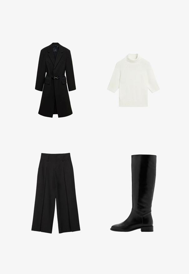 Manteau noir ajusté avec une taille ceinturée, des revers crantés, et deux poches avant. Tissu lisse avec une silhouette structurée.; Pull blanc en maille à manches courtes avec col roulé côtelé, poignets et ourlet, présenté à plat sur fond blanc.; Pantalon noir large et raccourci avec passants de ceinture et plis à l'avant, confectionné dans un tissu lisse pour un look élégant et ajusté.; Botte noire en cuir, montante jusqu'au genou, avec une texture lisse, un bout rond, un petit talon et un design minimaliste. Elle présente une tige ajustée et des accents cousus.