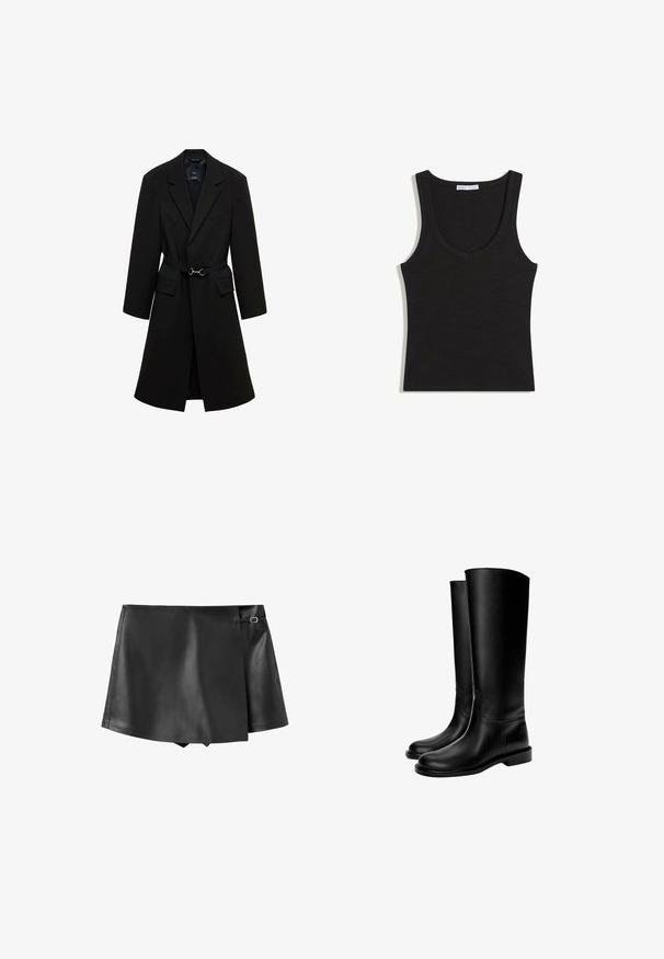 Sort skrædderjakke med bæltestrop i taljen, spids lapels og to forlommer. Glat stof med en struktureret silhuet.; Sort ribbet ærmeløs tanktop med rund halsudskæring, lagt fladt på en hvid baggrund.; Sort mininederdel i kunstlæder med overlappende frontklap og lille sidebæltespænde.; Sorte knæhøje læderstøvler med en glat tekstur, rund tå, flad sål og minimalistisk design, der har syede sømme og ingen synlige metaldele.