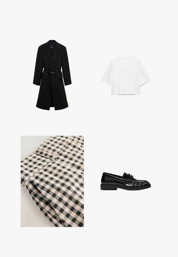 Manteau noir ajusté avec une taille ceinturée, des revers crantés, et deux poches avant. Tissu lisse avec une silhouette structurée.; T-shirt blanc à manches courtes, coupe carrée, en coton doux. Présente un col rond et des manches larges, avec un design épuré et simple.; Tissu à carreaux noir et beige avec une texture lisse. Le détail montre une section pliée avec une poche et des finitions nettes.; Mocassin en cuir noir avec petit talon, bout arrondi, détails cousus et une bride traversant le dessus.
