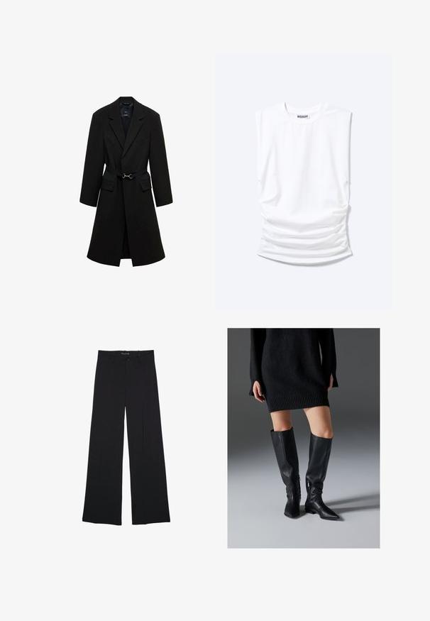Sort skrædderjakke med bæltestrop i taljen, spids lapels og to forlommer. Glat stof med en struktureret silhuet.; Hvid ærmeløs t-shirt med rund halsudskæring, polstrede skuldre og rynkede sider, lagt fladt på lys baggrund.; Sorte bukser med vide ben, bæltestropper, knaplukning foran og lynlås, lagt fladt på en hvid baggrund.; Sorte læderstøvler over knæet med spidse tæer, flade såler og lynlåse i siden. Glat tekstur, elegant design uden pynt.
