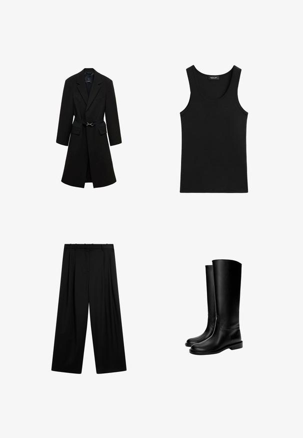 Zwart op maat gemaakte jas met een verstelbare taille, met sijsjes en twee voorzakken. Glad materiaal met een gestructureerde silhouet.; Zwart mouwloos hemd met ronde hals, gemaakt van gladde stof, met een klein merklabel aan de binnenkant van de kraag.; Zwarte broek met wijde pijpen, voorplooien, riemlussen en een platte tailleband, getoond tegen een witte achtergrond.; Zwarte leren kniehoge laarzen met een gladde textuur, ronde neus, platte zool en minimalistisch ontwerp, met gestikte naden en zonder zichtbare hardware.