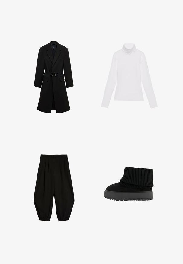 Sort skrædderjakke med bæltestrop i taljen, spids lapels og to forlommer. Glat stof med en struktureret silhuet.; Hvid langærmet turtle-neck top lavet af glat, strækbart stof. Har en høj krave og tætsiddende design, uden synlige mønstre eller udsmykninger.; Sorte vidde bukser med plisseringer, bæltestropper og elastiske manchetter ved anklerne på hvid baggrund.; Sort ankelstøvle med en ribbet strikket krave og en flad, tekstureret sål. Fremstillet af en kombination af ruskind og elastiske materialer.
