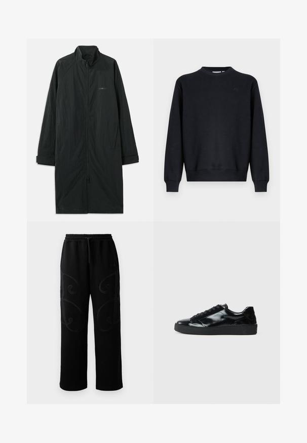 Sort lang frakke med høj krave, der har en fuld frontlynlås og er lavet af let, struktureret stof. Inkluderer ærmer med manchetter og subtil branding.; Sort sweatshirt lavet af bomuldsblend. Rund halsudskæring, lange ærmer, ribstrikkede manchetter og kant. Diskret logo på brystet.; Sorte joggingbukser med en afslappet pasform, der har intrikate spiralmønstre i syningerne langs siderne samt en elastisk talje med snoretræk.; Sorte laklæder sneakers med rund tå, snørredesign, tekstureret gummisål og en glat overflade.