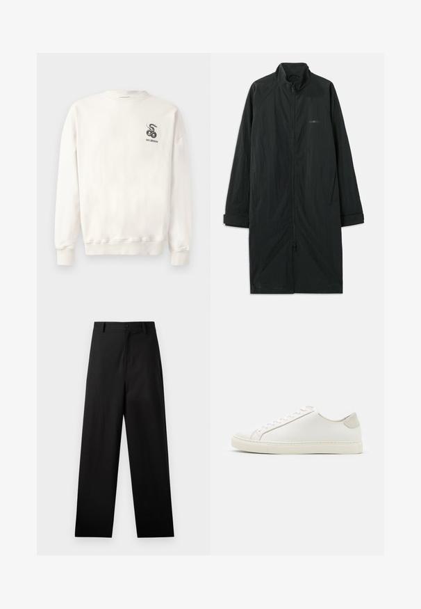 Manteau long noir avec un col haut, doté d'une fermeture éclair sur toute la longueur à l'avant, fabriqué en tissu léger et texturé. Comprend des manches à revers et un branding discret.; Sweatshirt en coton blanc avec col rond, poignets et ourlet côtelés, arborant un graphique de serpent noir et le texte "HAN KJØBENHAVN" sur la poitrine.; Pantalons noirs en coton avec une coupe droite, dotés d'une fermeture à bouton à l'avant et de poches latérales. Texture lisse, sans motifs.; Baskets en cuir blanc avec une surface lisse, bout rond et design minimaliste. Présentent des accents beiges sur le talon et une semelle en caoutchouc.