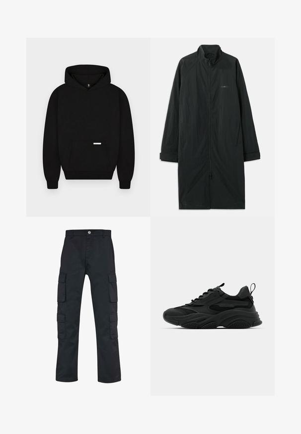 Manteau long noir avec un col haut, doté d'une fermeture éclair sur toute la longueur à l'avant, fabriqué en tissu léger et texturé. Comprend des manches à revers et un branding discret.; Sweat à capuche noir avec poche kangourou devant et petite étiquette rectangulaire sur la poche, présenté sur un fond clair uni.; Pantalons cargo noirs avec un design à jambe droite, fabriqués en tissu durable. Comprend plusieurs poches latérales et une fermeture à bouton.; Baskets de sport noires avec une semelle épaisse, des panneaux en mesh et des accents en caoutchouc. Elles disposent d'une sangle de traction à l'arrière et de motifs texturés.