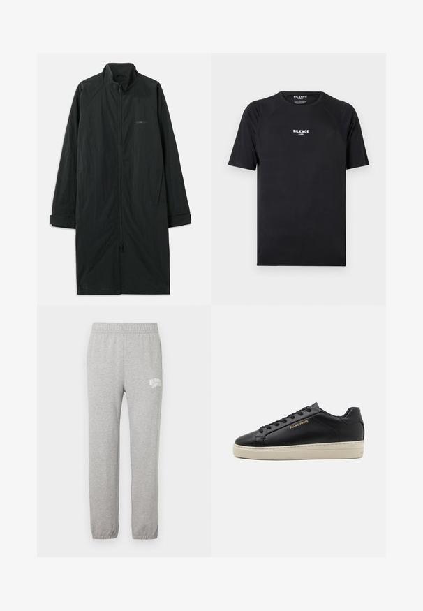 Sort lang frakke med høj krave, der har en fuld frontlynlås og er lavet af let, struktureret stof. Inkluderer ærmer med manchetter og subtil branding.; Sort kortærmet t-shirt lavet af glat stof, med rund hals og et hvidt "SILENCE" logo på brystet.; Grå bomulds sweatpants med elastisk talje og tapered ben. Har et hvidt logo på venstre lår. Glat tekstur.; Sorte lædersneakers med en glat finish, kontrasterende cremefarvet sål, rund tå, guld logo på siden og seks huller til snørebånd.