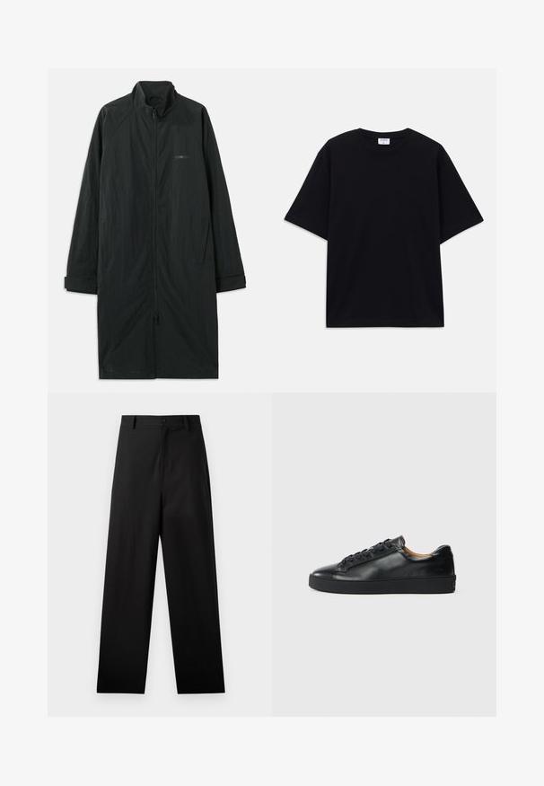 Zwarte lange jas met hoge kraag, voorzien van een volledige rits aan de voorkant en gemaakt van lichtgewicht, gestructureerde stof. Inclusief manchetten en subtiele branding.; Zwarte oversized T-shirt met korte mouwen en ronde hals, met zichtbaar Filippa K merkelabel aan de binnenkant van de kraag.; Zwarte broek van katoen met een rechte pijpdesign, voorzien van een sluiting met een knoop aan de voorkant en zijzakken. Gladde textuur, geen patronen.; Zwarte leren sneaker met een gladde textuur, ronde neus en vetersluiting. Heeft een dikke rubberen zool en minimale merkaanpassing.