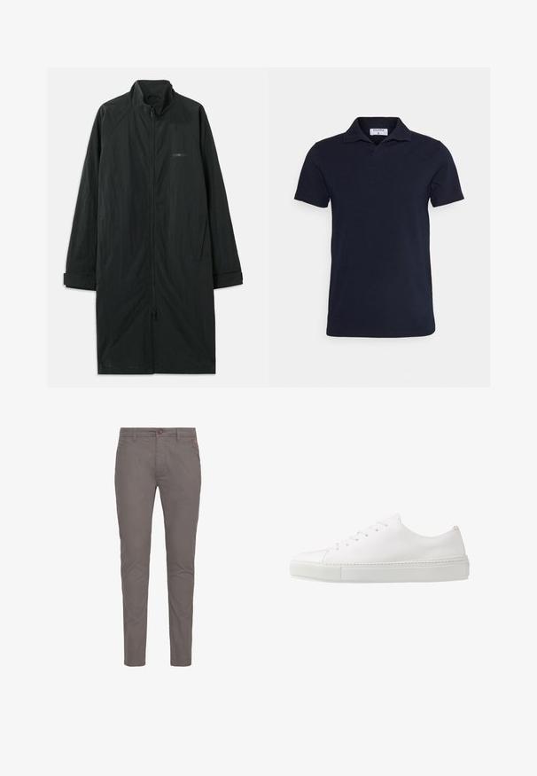 Manteau long noir avec un col haut, doté d'une fermeture éclair sur toute la longueur à l'avant, fabriqué en tissu léger et texturé. Comprend des manches à revers et un branding discret.; Polo en coton bleu marine, avec un col classique et des manches courtes. Design simple avec une texture lisse.; Chinos gris en coton avec une coupe droite, présentant une fermeture à bouton, des poches standards et un design minimaliste. Surface lisse et sans motifs.; Baskets en cuir blanc avec une finition lisse, bout rond et six œillets pour les lacets. Présente une semelle en caoutchouc texturée et un design minimaliste.