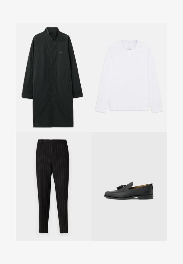 Musta pitkä takki, jossa on korkea kaulus, täysipituinen vetoketju ja kevyt, teksturoitu kangas. Mukana on hihansuut, joissa on cuffit ja hienovarainen brändäys.; Valkoinen pitkähihaista crew neck -paitaa, jossa on Armani Exchange -logo painettuna kauluksen sisäpuolelle, koko medium.; Mustat housut, joissa on ohuita pystysuoria raitoja, mukautuva malli, etutaskut ja vyölenkit. Valmistettu sileästä, tekstuurilla varustetusta kankaasta.; Miesten musta nahkaiset loafer-kengät, joissa on tupsut, pyöreä kärki, matala korko ja vetokiristin takana, esitetty sivuprofiilissa vaaleanharmaalla taustalla.