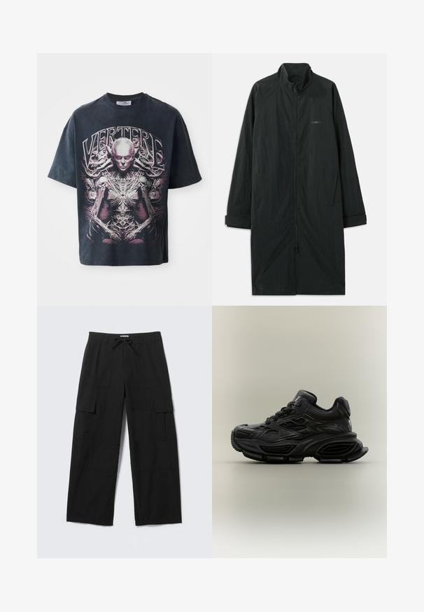 Abrigo negro largo con cuello alto, con un cierre completo en la parte delantera y hecho de un tejido ligero y texturizado. Incluye mangas con puños y un sutil branding.; Camiseta gráfica negra de algodón, con un gran diseño en rosa y blanco de una figura humanoide con detalles intrincados y el texto "VERTERE."; Pantalones cargo negros de pierna ancha con bolsillos delanteros, bolsillos con solapa en el muslo, trabillas para cinturón y cintura con cordón, colocados planos sobre un fondo blanco.; Zapatilla deportiva negra y gruesa con diseño texturizado, suela gruesa y cierre de cordones mostrada sobre un fondo neutro y sencillo.