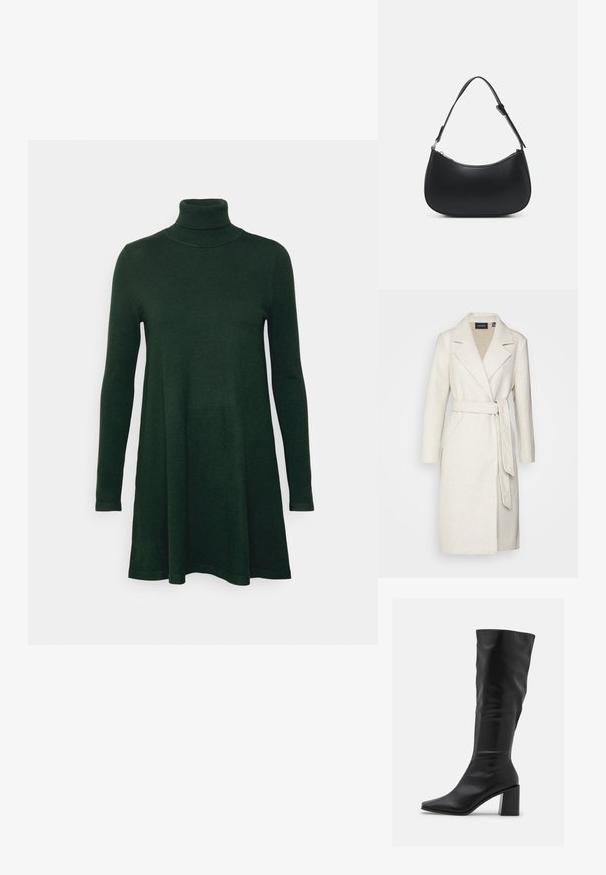Manteau en laine mélangée crème avec col à revers, manches longues et ceinture à nouer. Présente un design ajusté et des poches avant.; Robe en tricot vert avec un col haut, des manches longues et une coupe décontractée. Texture lisse et silhouette légèrement évasée au niveau de l'ourlet.; RAID BLICK - Bottes - black; Pieces PCALUANA SHOULDER BAG - Sac à main - black