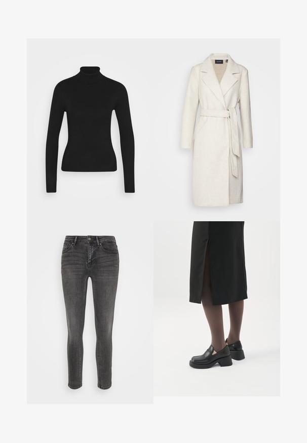 Cremefarvet uldblandingsfrakke med klippet krave, lange ærmer og selvbindende bælte. Har skræddersyet design og forlommer.; Sort turtleneck sweater med lange ærmer, lavet af et glat strikket stof. Har et tætsiddende design og en ribbet krave.; Vero Moda Petite VMFLASH - Jeans Skinny Fit - medium grey denim; Kvinde iført sorte loafers med chunky hæl, sorte tynde strømpebukser og en sort nederdel med slids bagpå på hvid baggrund.