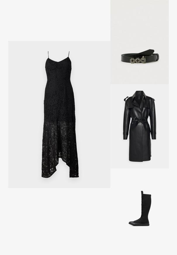 Norma Kamali DOUBLE BREASTED - Trenchcoat - black; Sort blondekjole med tætsiddende overdel, tynde stropper og en høj-lav kant. Har intrikate blonde mønstre og et gennemsigtigt stof i bunden.; Sorte høje canvasstøvler med rund tå, lynlås og snørebånd foran. Har en tekstureret overflade og gummisål.; Sort læderbælte med en dekorativ spænde med tre runde krystal accenter. Glat tekstur, slankt design og justerbar længde.