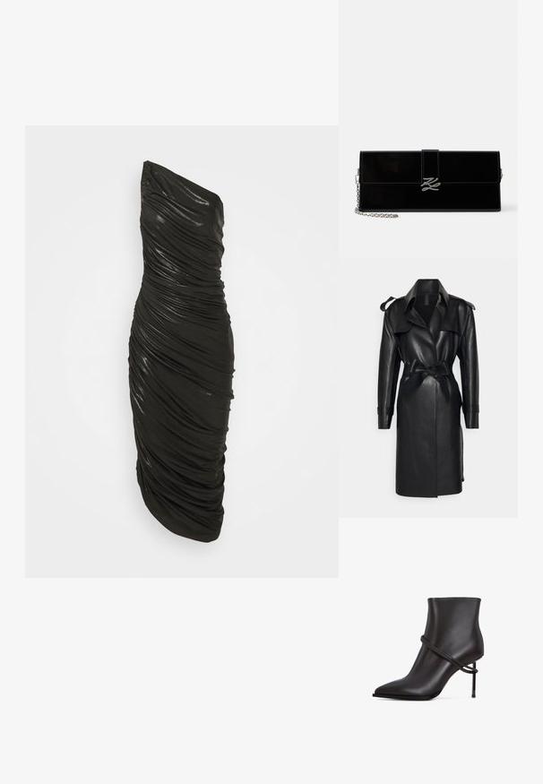 Norma Kamali DOUBLE BREASTED - Trenchcoat - black; Zwarte jurk met één schouder, gemaakt van een glanzend materiaal. Kenmerkt zich door een geraffineerde textuur en een aansluitende pasvorm, met een lengte tot halverwege de kuit.; Strakke zwarte enkelboot met een spitse neus, accent van gewikkeld design en een hoge stilettohak op een witte achtergrond.; Glanzende zwarte rechthoekige clutch met zilveren kettingriem en zilveren, in elkaar verstrengelde initialen sluiting op de voorklep.