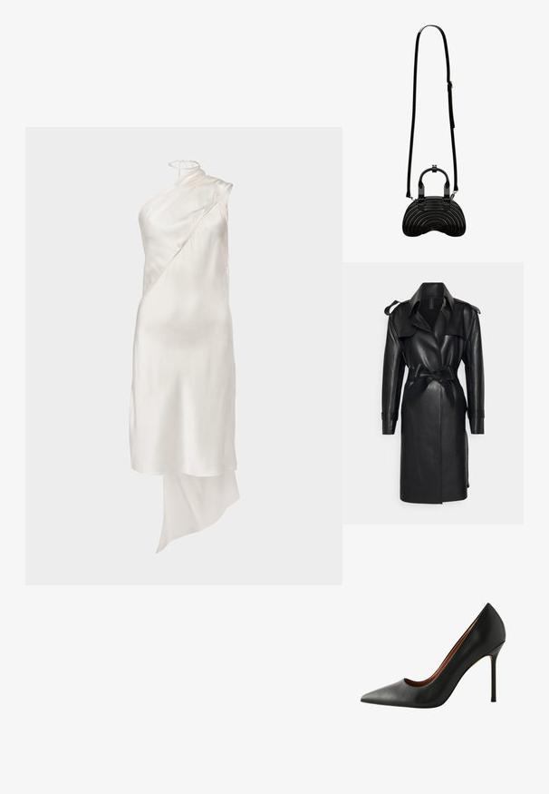 Norma Kamali DOUBLE BREASTED - Trenchcoat - black; Hvid satin kjole med et asymmetrisk design, der har en skulder neckline og en flydende fald. Glat tekstur og minimale hardware detaljer.; Sorte læder højhælede pumps med spids tå og slank silhuet. Karakteristika inkluderer en glat overflade og slank stiletto hæl.; Sort buet håndtaske med blank finish, dobbelte håndtag og lang justerbar skulderrem på hvid baggrund.