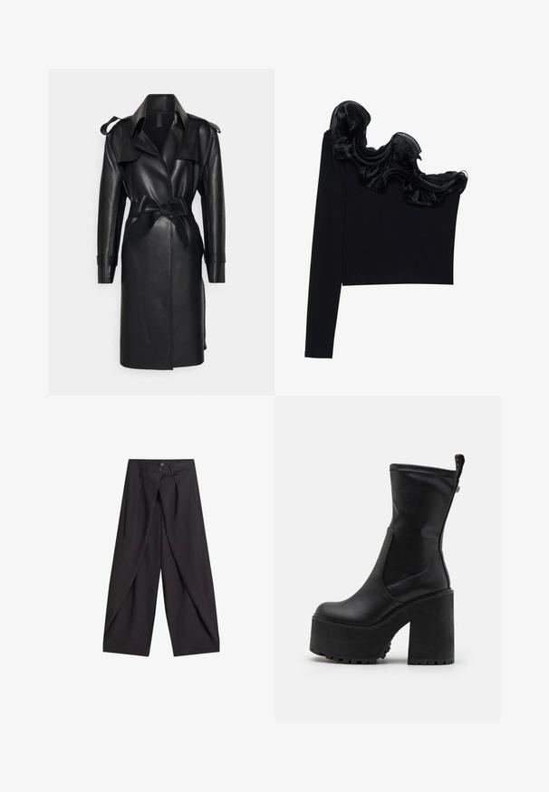 Norma Kamali DOUBLE BREASTED - Trenchcoat - black; Schwarzes Top mit einem Schulterträger, das mit einem rüschenartigen, transparenten Überzug entlang des Ausschnitts versehen ist, aus leichtem Material mit glatter Textur gefertigt.; Schwarze Hose mit weitem Bein, überlappenden Vorderteilen und zwei Knöpfen am Bund, flach auf weißem Hintergrund präsentiert.; Buffalo KILLAH SOCK BOOT - Plateaustiefel - black