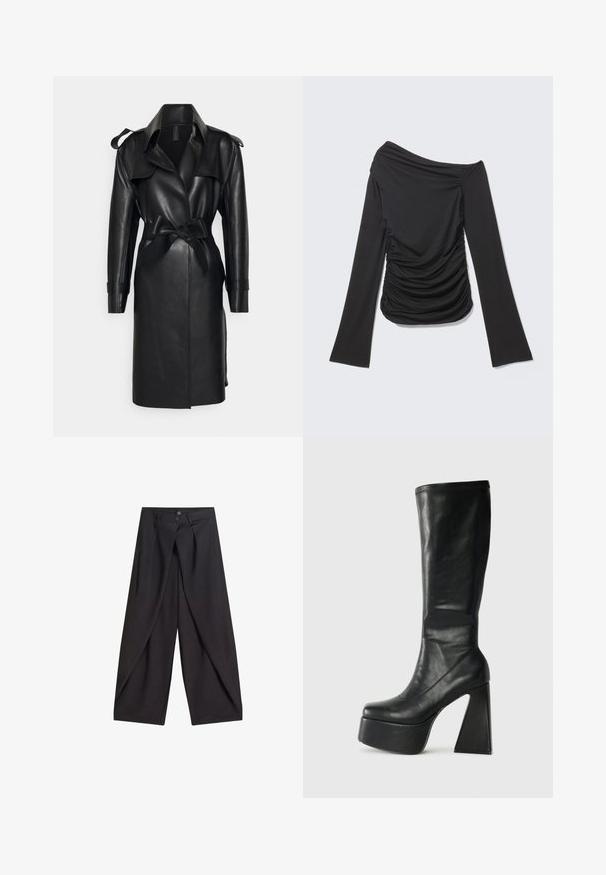 Norma Kamali DOUBLE BREASTED - Trenchcoat - black; Schwarzes Langarmtop mit asymmetrischem, schulterfreiem Ausschnitt und gerafften Details an den Seiten und vorne.; Schwarze Hose mit weitem Bein, überlappenden Vorderteilen und zwei Knöpfen am Bund, flach auf weißem Hintergrund präsentiert.; Schwarze Lederstiefel bis zum Knie mit einer klobigen Plattform und geometrischem hohen Absatz. Glatte Textur mit gesteppten Details am oberen Rand.