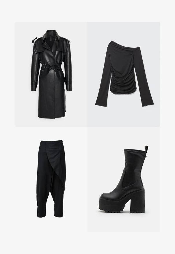 Norma Kamali DOUBLE BREASTED - Trenchcoat - black; Schwarzes Langarmtop mit asymmetrischem, schulterfreiem Ausschnitt und gerafften Details an den Seiten und vorne.; Schwarze, kürzere Hosen mit einem drapierten Frontdesign aus glattem Stoff. Verfügen über eine taillierte Taille und schmal zulaufende Beine.; Buffalo KILLAH SOCK BOOT - Plateaustiefel - black