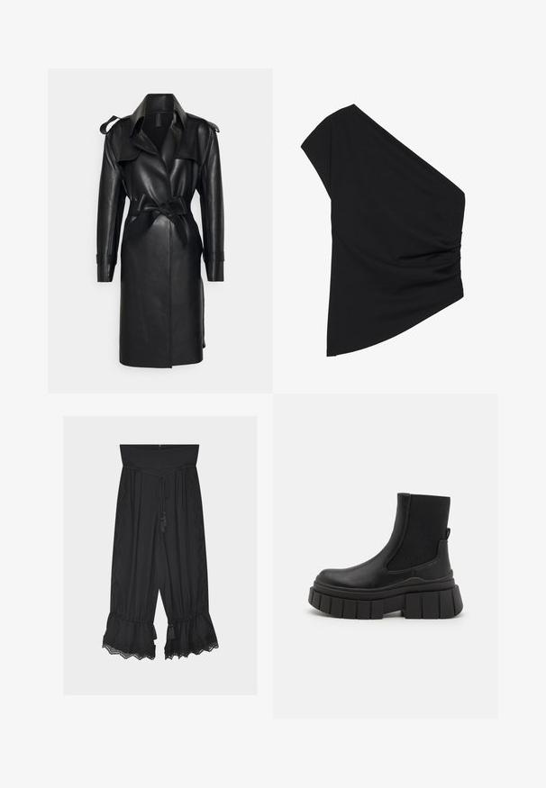 Norma Kamali DOUBLE BREASTED - Trenchcoat - black; Schwarzes Top mit einem Schulterträger aus dehnbarem Stoff, das seitliche Raffung und einen asymmetrischen Saum aufweist. Glatte Textur mit leichtem Fall.; Schwarze Hose mit weitem Bein, hoher Taille, Kordelzug, Spitzenbesatz an den Seiten und gerüschten Säumen mit Quasten am unteren Rand.; Schwarze Knöchelstiefel aus glattem Leder mit elastischen Seitenpaneelen, einer klobigen Plateausohle und einem strukturierten Profilmuster.