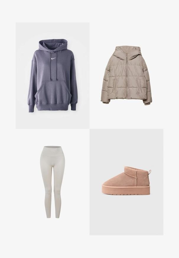 Polstret, hættejakke i lys beige med lynlås foran, to forlommer og syninger for isolering. Glat, blank overflade.; Grå hættetrøje med en frontkangorupocket, snøre i hætten og hvidt logo på brystet. Materialet ser blødt og struktureret ud. Ribstrikkede manchetter og kant.; Beige høj talje sømløse leggings med bred ribbet talje og tætsiddende fit, der går til anklerne.; Beige ruskind ankelstøvle med tyk platåsål, rund tå, trækflap ved hælen og synlige stikninger.