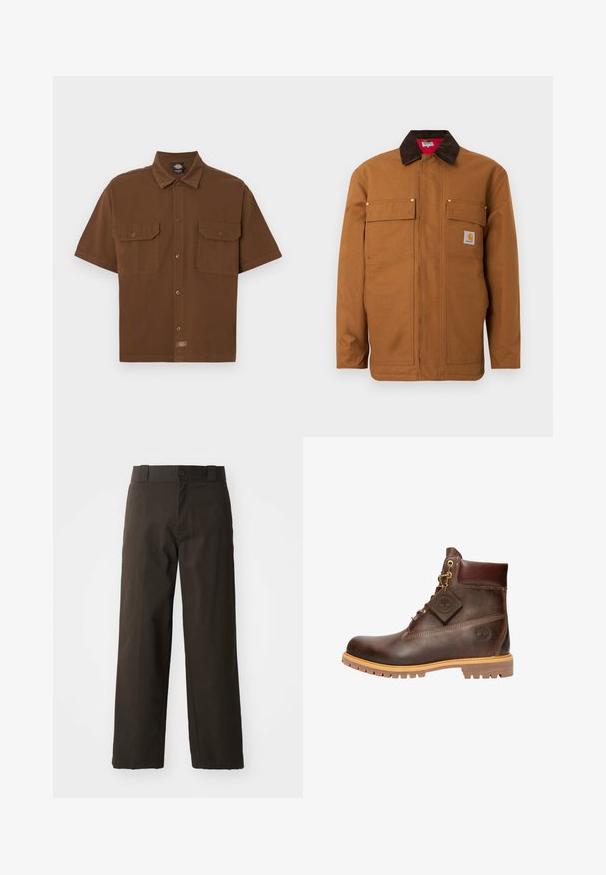 Veste de travail marron avec col en velours côtelé marron foncé, deux poches à rabat sur la poitrine, et un petit écusson logo Carhartt sur la poche droite.; Chemise marron à manches courtes avec boutons, dotée de deux poches à rabat à l'avant et d'une petite étiquette logo de la marque près du bas au centre.; Pantalons en coton noirs avec une coupe droite, dotés d'une fermeture à bouton et d'une taille classique. Texture lisse, sans motifs ni accents.; Bottine en cuir marron avec un bout rond, une semelle robuste, des éléments en doré et un dessus texturé. Comprend une étiquette de logo attachée.