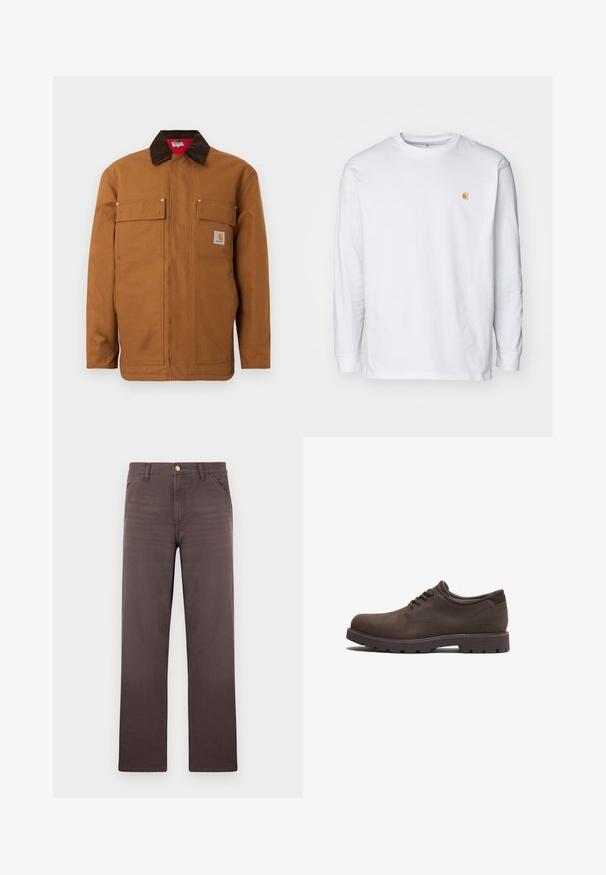 Bruine werkjasje met donkerbruine corduroy kraag, twee borstflapzakken en een klein Carhartt-logo op het rechterzakje.; Witte lange mouwen t-shirt van katoen. Voorzien van een klein gouden logo op de borst en een ronde hals. Eenvoudig ontwerp en standaard pasvorm.; Bruine broek met rechte pijpen, voorzakken, riemlussen en een gouden knoopsluiting.; Bruine leren schoenen met een ronde neus en vetersluiting. Voorzien van een gestructureerd oppervlak en een rubberen zool met hoge grip. Subtiel logo aan de zijkant.