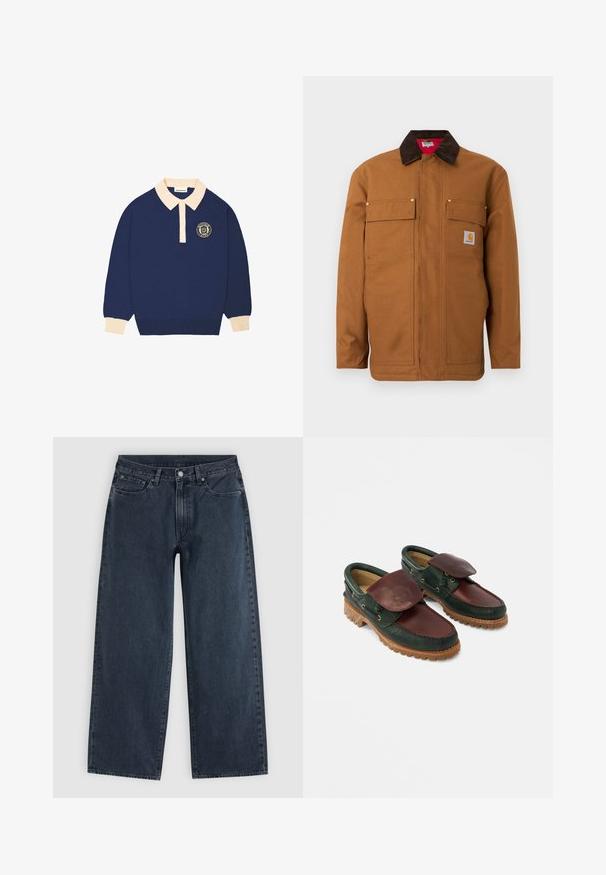 Chaqueta de trabajo marrón con cuello de pana marrón oscuro, dos bolsillos con solapa en el pecho y un pequeño parche con el logo de Carhartt en el bolsillo derecho.; Camisa polo de manga larga en color azul marino con collarete y puños en color beige, que presenta un emblema redondo con texto en el lado izquierdo del pecho.; Vaqueros de pernera ancha de color azul oscuro con cinco bolsillos, presillas para cinturón, cierre de botón y cremallera, mostrados extendidos sobre un fondo claro.; Zapatos de cuero con cuerpo verde oscuro, parte superior burdeos, puntera redonda, solapa asegurada y suela de caucho texturizada con crestas.