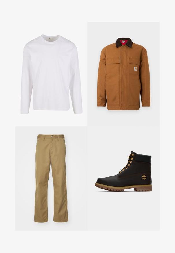 Brun arbejdsjakke med mørkebrun kordfløjls-krave, to brystlommer med klap og en lille Carhartt-logo-patch på den højre lomme.; Hvid langærmet t-shirt lavet af blød bomuld, med en rund halsudskæring og et enkelt, sømløst design uden grafiske mønstre eller pynt.; Khaki chinos med lige bendesign, lavet af glat bomuldsstof. Har en knaplukning foran og sidelommer.; Sorte læder ankelstøvle med gyldne øjer, brune detaljer og gummisål. Har en polstret krave og præget logo på siden.