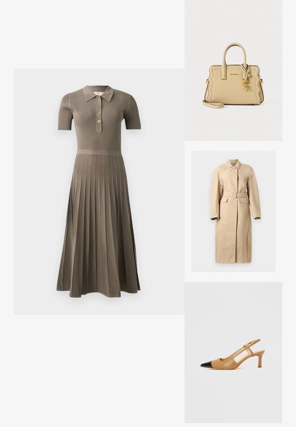 Beige lang trenchcoat med bælte i taljen, klaplommer, knappet krave og sideslidser, designet til en skræddersyet pasform.; Ribbede midikjole i gråbrun med korte ærmer, polo-krave, guldknaplukning og plisseret kjoldesign. Blød tekstur.; Beige slingback-hæle med sort spids, der har udskårne sider og en mellemhøj blokhæl. Glat lædermateriale.; Beige læderhåndtaske med bølgede kanter, top håndtag, gyldent "MK" vedhæng og aftagelig skulderrem på ensfarvet baggrund.