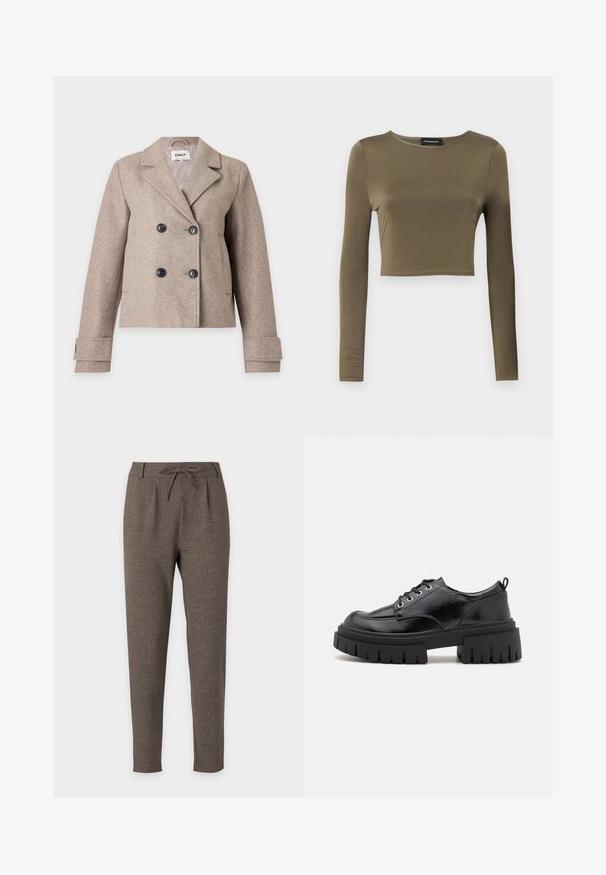 Beige dobbeltradet damejakke i uldblanding med hakkraver, fire sorte knapper, lange ærmer og forlommer.; Oliven grøn, langærmet cropped top i et glat, strækbart stof; har en rund halsudskæring og en skræddersyet pasform med færdige kanter.; Brune tapered bukser med snøre i taljen og båndsøm, lavet af tekstureret stof, vist på en hvid baggrund.; Sorte læder snørestøvler med rund tå, tyk sort platformssål og rillet tekstur. Har snørehuller og en bageste løkke.