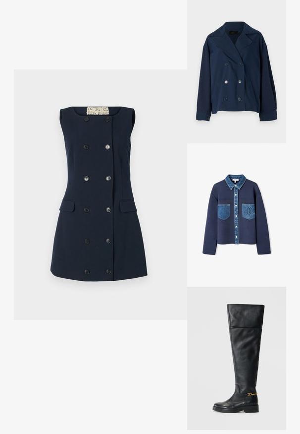 Chaqueta azul marino de doble botonadura con solapa, que presenta mangas de punto texturizado, dos bolsillos frontales y botones negros redondos.; Chaqueta azul marino con cuello de mezclilla y bolsillos, con cierre de botones, texturas de tela en contraste y un sutil logo en relieve en uno de los bolsillos.; Vestido sin mangas de color marino con forma ajustada, cierre de botones dobles, dos bolsillos frontales y cuello plano para una silueta estructurada.; Botas negras de cuero por encima de la rodilla con un diseño elegante, punta redondeada, suela de plataforma baja y detalles en dorado cerca del tobillo.