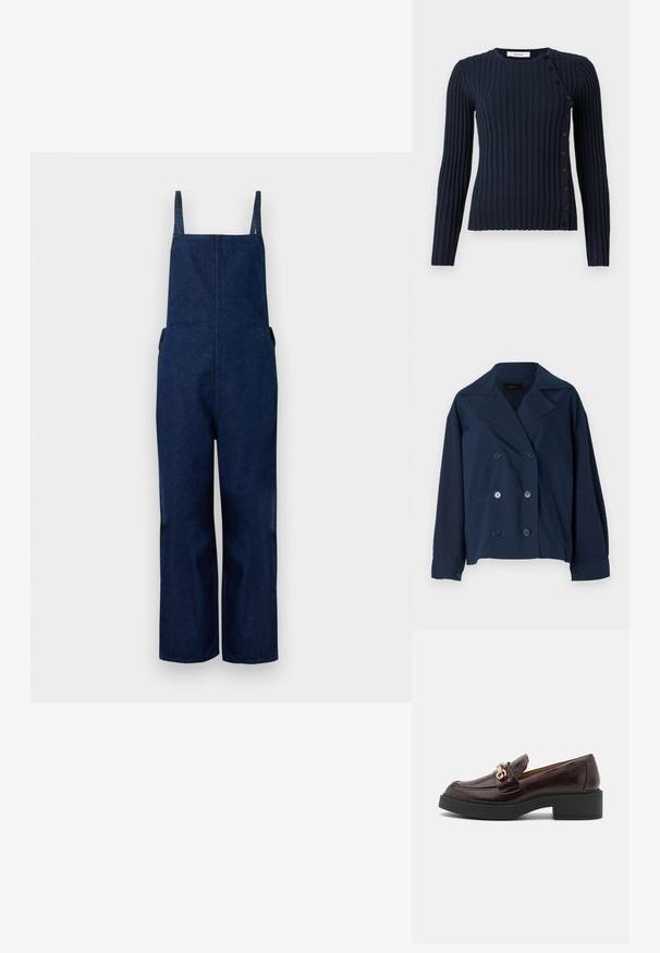 Marineblå dobbeltradet jakke med klassisk krave, der har teksturerede strikærmer, to frontlommer og runde sorte knapper.; Marineblå denim overalls med brede ben, justerbare stropper og sidelommer, der har et rent, minimalistisk design og en glat tekstur.; Marineblå rillestrikket langærmet sweater med rund halsudskæring og knaplukning på venstre side. Fremstillet af et blødt strikket materiale.; Brune læder loafer med en guldaccent spænde, sort blokhælt og en glat tekstur. Sidevisningen viser en rund tå og stikninger.