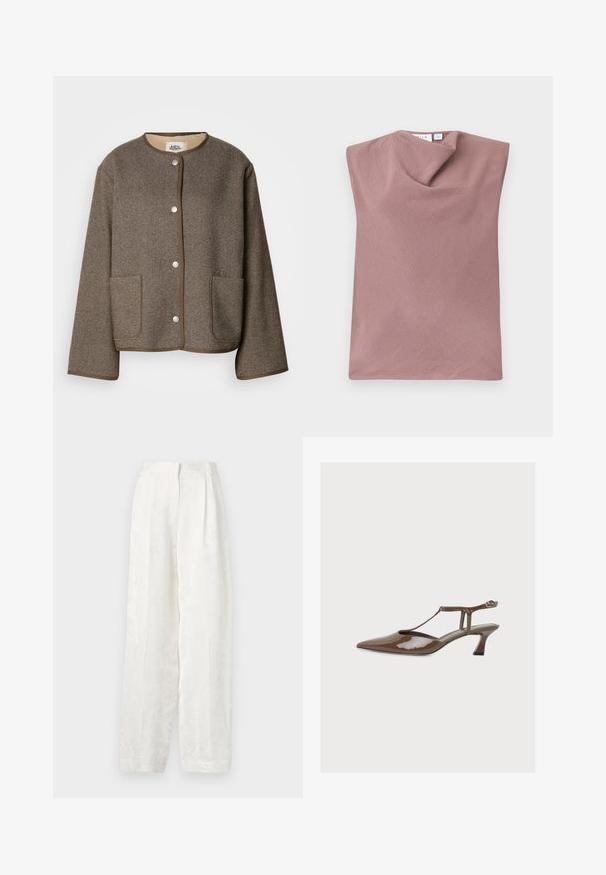 Veste tissée marron avec un motif chevrons texturé, encolure ronde, fermeture à boutons et deux poches avant avec un bord contrastant.; Haut sans manches mauve avec un col bénitier drapé et un tissu doux texturé sur un fond uni.; Pantalons blancs à jambes larges en tissu lisse et texturé, présentant un motif floral subtil et un design plissé à l'avant.; Escarpin slingback en cuir verni marron avec bout pointu, bride en T, petit talon courbé et boucle à la cheville sur fond uni.