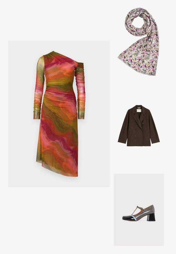 Pruun topeltkinnitatud mantel, millel on lai krae, kaks esist taskut ja mustad nööpide aksessuaarid. Valmistatud pehmest, tekstuuriga materjalist.; AMUR DRENA DRESS - Vabalt langev kleit - lucid glaze; Naiste T-rihmaga madala kontsaga plokksandaal läikivas hallis musta varbaosaga ja helesinise äärega valgel taustal.; Kreemivalge lillemustriga kerge salk, millel on roosa, lilla ja kollane lill ning tumedad aktsendid. Pehme tekstuur, ristkülikukujuline kuju.