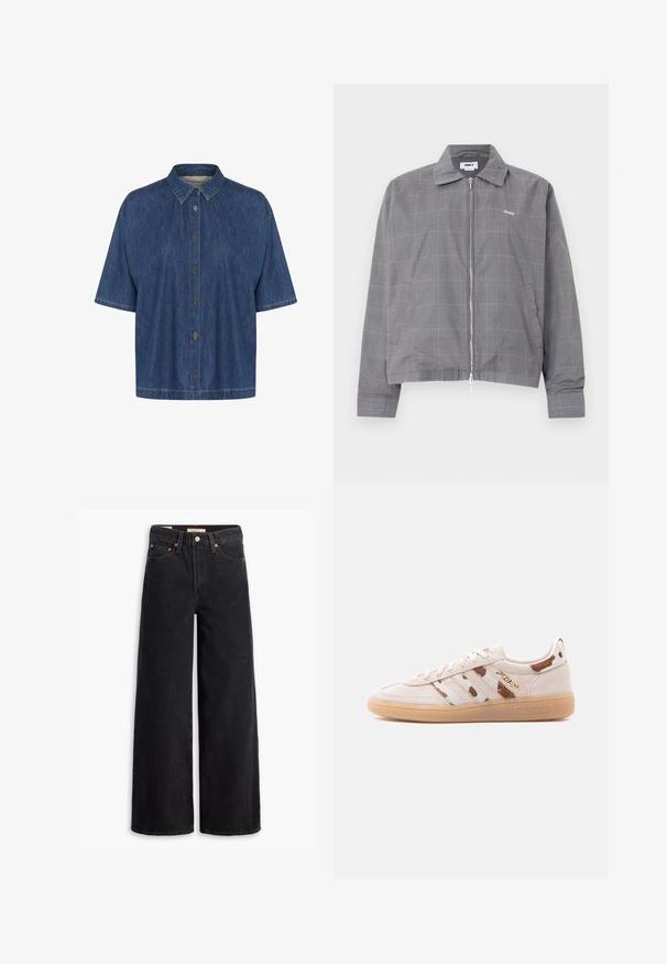 Grå jakke med lynlås, subtilt blåt ternet mønster, krave, sidelommer og lille hvid "obey"-logo på brystet.; Kortærmet denimskjorte i mørkeblå, med spidse kraver og frontknaplukning; blød tekstur med synlige syninger.; Sorte brede benjeans lavet af denim, med fem lommer, kobbernitter og en klassisk knaplukning. Glat tekstur med et rent design.; Beige lavt snøresko i ruskind med gummisål, brun- og hvidstribet mønster, "SPEZIAL" i guldbogstaver på siden.