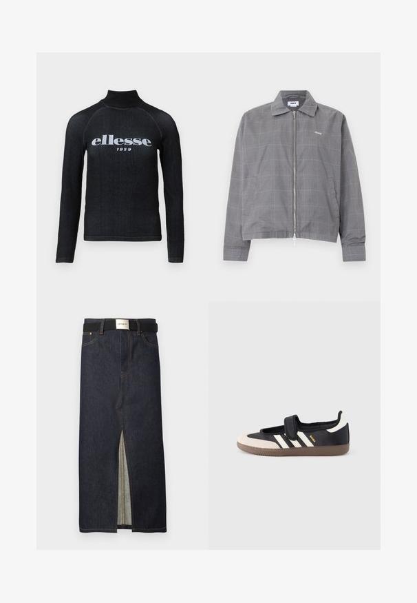 Grå jakke med lynlås, subtilt blåt ternet mønster, krave, sidelommer og lille hvid "obey"-logo på brystet.; Sorte langærmet top med høj krave, udstyret med et hvidt trykt "ellesse 1959" logo over brystet; glat, strækbart stof.; Denim midinederdel i mørkeblå med en frontslids. Har gule syninger og et sort bælte med sølvspænde. Enkel, lige design.; Sort og beige sko med velcrolukning, tre hvide striber på siden og en tekstureret brun gummisål. Mærkelogo er synligt.