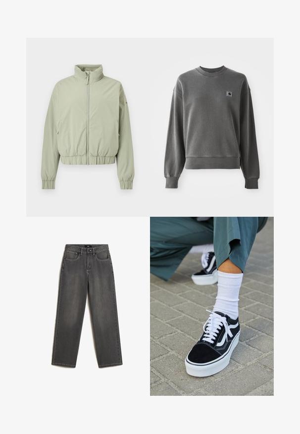 Lysegrøn lynlåssweater med høj krave, elastisk taljebånd og ærmekanter, vist på en hvid baggrund.; Grå pullover sweatshirt lavet af glat bomuldsblanding, med rund hals, ribbede manchetter og et lille logopatch på venstre bryst.; Grå vidde jeans lavet af denim. Har fem lommer, en frontknap og lynlås lukning, samt subtil fading på stoffet.; Sorte ruskinds sneakers med hvide accenter og snørebånd, der har en tyk hvid sål og kontrasterende syninger, parret med en hvid sok.