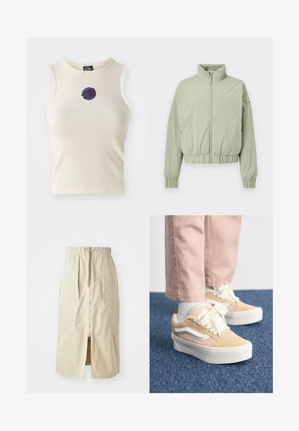 Lichtgroene zip-up jas met hoge kraag, elastische tailleband en manchetten, weergegeven op een witte achtergrond.; Crème geribbelde tanktop met een ronde hals en zonder mouwen, met een geborduurd "Santa Cruz" logo in roze en blauw op de voorkant.; Beige, middellange rok van lichtgewicht stof. Heeft een rits aan de voorkant, een elastische tailleband en zijzakken met hoekige ontwerpen.; Lichtroze en beige suède sneakers met witte accenten en platte veters, voorzien van een dikke witte rubberen zool en zichtbare stiksels.