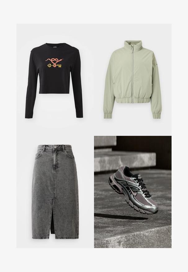 Heleroheline lukuga jope, millel on kõrge krae, elastne vöökoht ja mansetid, esitatud valgel taustal.; Must mustraum hiigelvarrukatega crop-top 100% puuvillast. Ees on värvikas graafika kägist ja võtme motiiviga. Lihtne ümar kaelusdisain.; Kõrge vöökohaga, pleekinud must denim midi seelik ees oleva lõhe, vöökohakinnitusaukude ja klassikalise viie tasku disainiga.; Nike Air Max jooksujalanõu hõbedase, musta ja lilla võrgumustriga, kujutatud õhus halli betoonpinna ja treppide kohal.