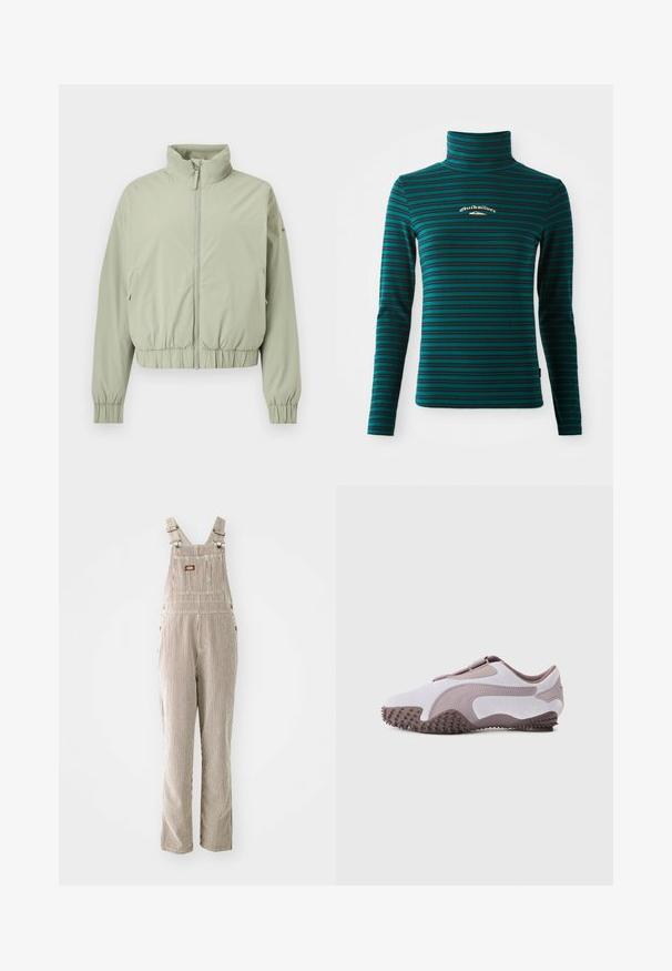 Chaqueta verde claro con cremallera, cuello alto, cintura y puños elásticos, mostrada sobre un fondo blanco.; Top de cuello alto de manga larga en color teal con rayas horizontales en azul oscuro. Presenta un pequeño logo en blanco y dorado en el pecho. Tejido suave y elástico.; Pantalones de tirantes a rayas hechos de tela tejida en beige y marrón, con tirantes ajustables, bolsillo frontal y cierres de botón laterales.; Zapato deportivo gris claro con parte superior de ante suave, suela de goma con picos texturizados y diseño flexible. Logo lateral en un tono más oscuro.