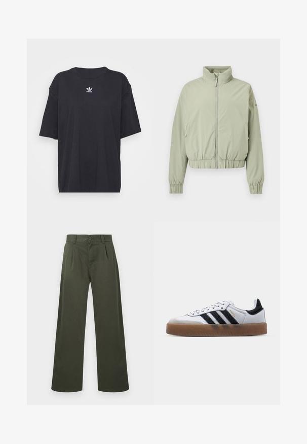 Lichtgroene zip-up jas met hoge kraag, elastische tailleband en manchetten, weergegeven op een witte achtergrond.; Zwarte katoenen T-shirt met korte mouwen, ronde halslijn, voorzien van een wit Adidas-logo op de borst. Eenvoudig ontwerp, comfortabele pasvorm.; Olijfgroene broek met rechte pijpen, riemlussen, knoopsluiting aan de voorkant en zijzakken, afgebeeld op een witte achtergrond.; Witte leren sneakers met zwarte strepen, gumrubberen buitenzool, ronde neus, vetersluiting en een zachte grijze suède neuskap.