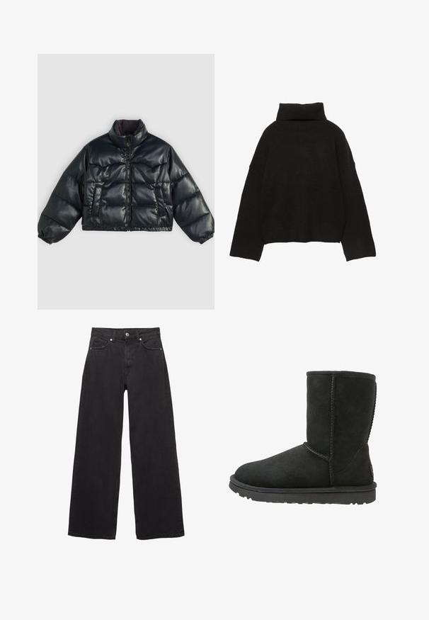 Zwarte cropped pufferjack met een glanzende afwerking, hoge kraag, ritssluiting en twee zijzakken; heeft elastische manchetten en een gewatteerd ontwerp.; Zwarte gebreide trui met een hoge, geribbelde col en doorgezakte schouders. Heeft een ontspannen, boxy pasvorm en geribbelde boorden en zoom.; Zwarte wijde jeans van denim, met een hoge taille, vijf zakken en een knoopsluiting met subtiele stikseldetails.; Zwarte suède enkellaars met een ronde neus, gestikte naden en een platte rubberen zool. Heeft een eenvoudig ontwerp zonder versieringen.