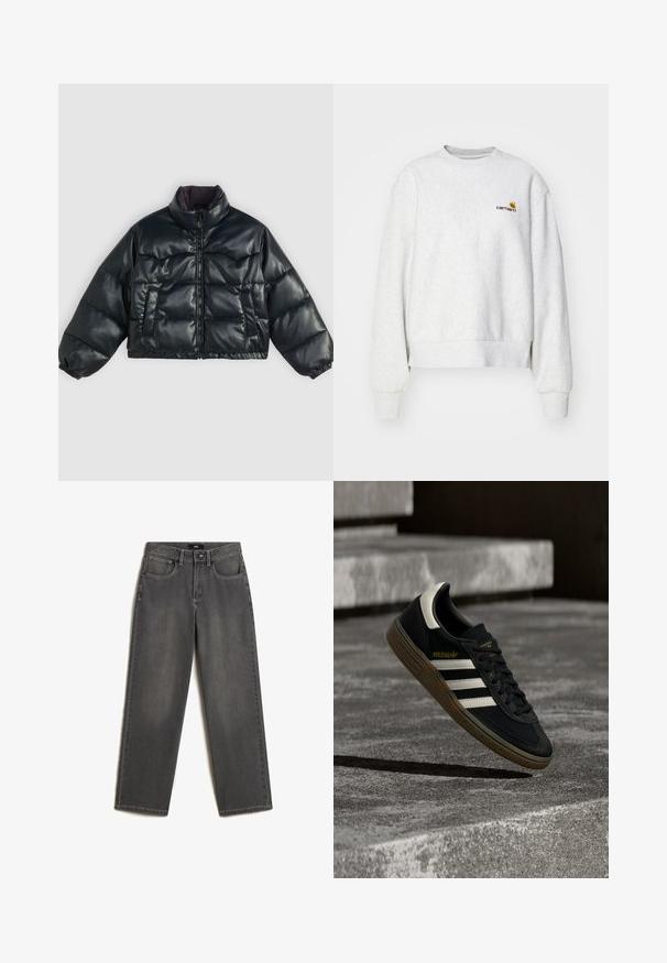 Zwarte cropped pufferjack met een glanzende afwerking, hoge kraag, ritssluiting en twee zijzakken; heeft elastische manchetten en een gewatteerd ontwerp.; Grijze crewneck sweatshirt van een zachte stof met geribbelde manchetten en onderrand; voorzien van een geborduurd logo op de borst in geel en bordeauxrood.; Grijze wijde jeans van denim. Heeft vijf zakken, een sluiting met een knoop en ritssluiting aan de voorkant, en subtiele vervaging op de stof.; Zwarte Adidas sneaker met witte strepen en gumzool die boven grijze betonnen trappen zweeft in natuurlijk licht.
