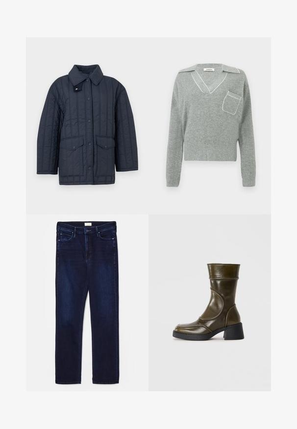 Marineblaue gesteppte Jacke mit Druckknopfverschluss vorne, Klappentaschen und einem breiten Kragen mit verstellbarem Druckknopfverschluss.; Grauer Strickpullover mit V-Ausschnitt und kontrastierendem weißen Besatz, mit einer Fronttasche und langen Ärmeln. Leichte Textur.; Dunkelblaue Denim-Jeans im Slim-Fit mit fünf Taschen, gesteppten Akzenten und geradem Bein. Mit Knopf- und Reißverschluss.; Olivgrüner Lederstiefelette mit rundem Zehenbereich, elastischem Einsatz und stabilen schwarzen Absatz. Glatte Textur und subtile Nahtdetails.