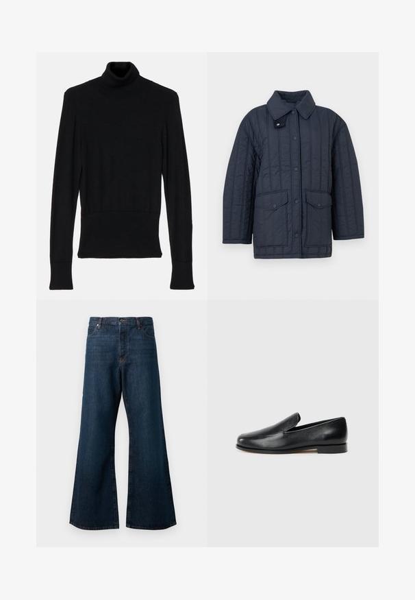 Marineblaue gesteppte Jacke mit Druckknopfverschluss vorne, Klappentaschen und einem breiten Kragen mit verstellbarem Druckknopfverschluss.; AERON TENDER LONG SLEEVED - Strickpullover - black; Dunkelblaue weit geschnittene Jeans aus Denim, mit hoher Taille, Fünf-Taschen-Design und kontrastierenden orangefarbigen Nähten entlang der Nähte.; Schwarze Leder Slipper mit glatter Textur, runder Spitze, minimaler Naht und flachem Absatz. Einfach, ohne sichtbare Beschläge oder Akzente.